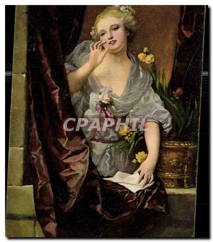 Joven mujer en vestido de estilo rococó — pintura de Jean Baptiste Greuze — editor Stengel & Co., Dresden - Anverso