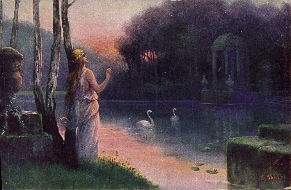 Mulher em vestido antigo perto de um lago com cisnes — pintura de K. Bartel — edição K. Bartel pins. n°201 - Frente
