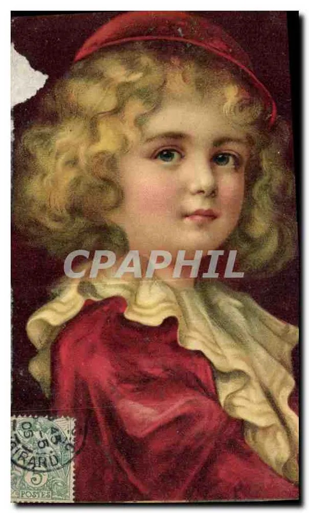 Menina com cabelos cacheados — em vestido vermelho e chapéu — editada por Girard - Frente