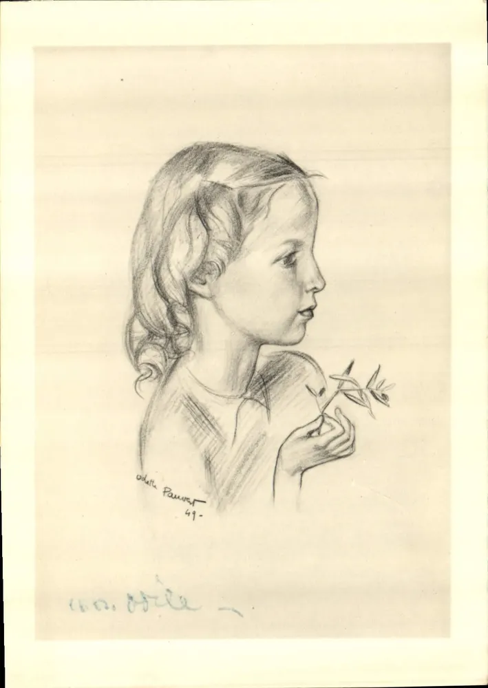 Jovem mulher em perfil — desenho a lápis — Odette Pauwot, número de série não visível - Frente