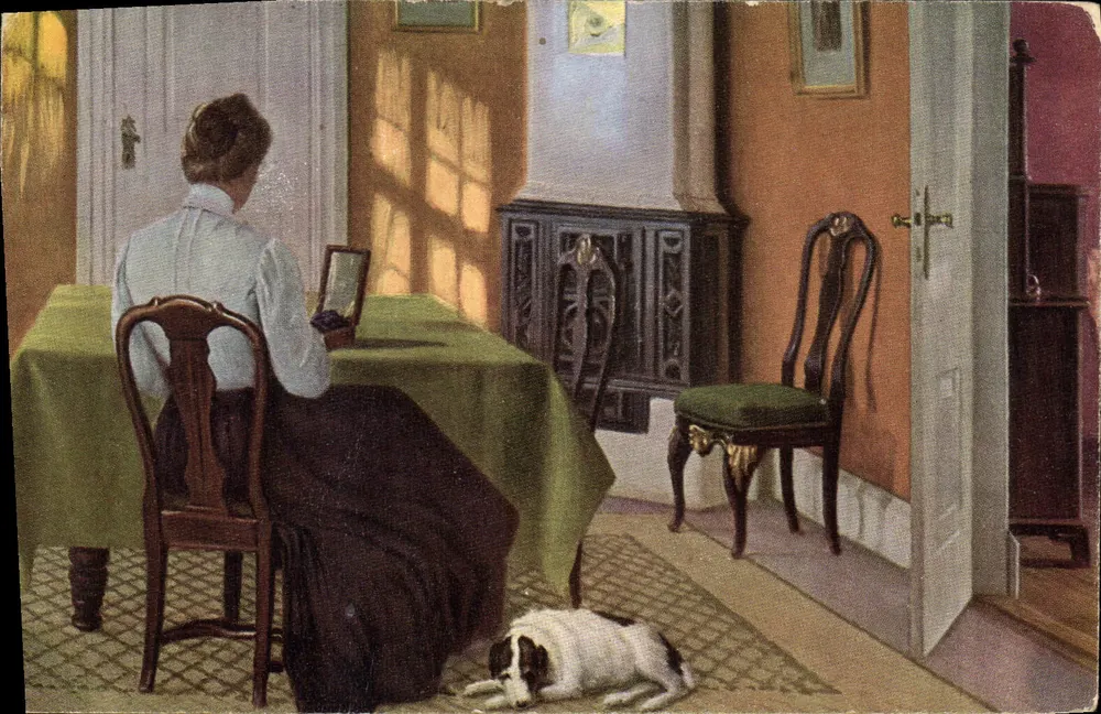 Mulher à mesa — interior doméstico — Sigvard Hansen, B. Schöneberg & Co. n° 3141 - Frente