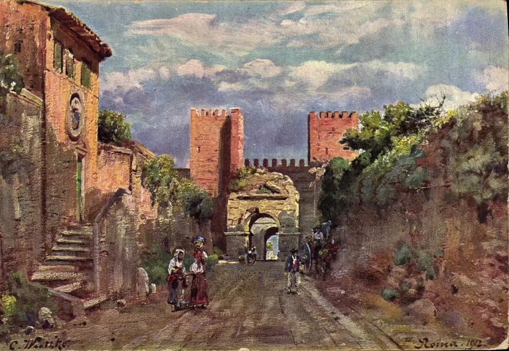 Roma. Porta S. Sebastiano (Porta Appia) — Ansicht mit dem Drusus-Arch — Malerei von C. Wacke, Rom 1912 - Vorderseite