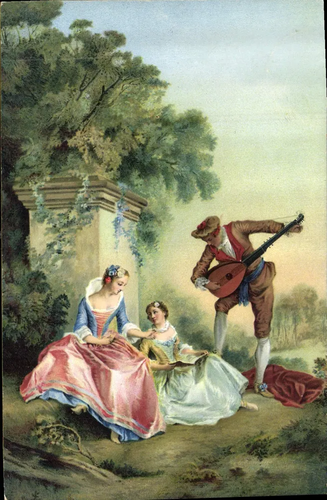 Músico e duas jovens mulheres — cena de jardim — editor LANCRET, Paris - Frente