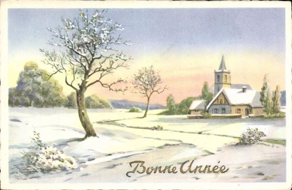 Paisagem invernal com igreja — Boa Ano — editor não visível - Frente