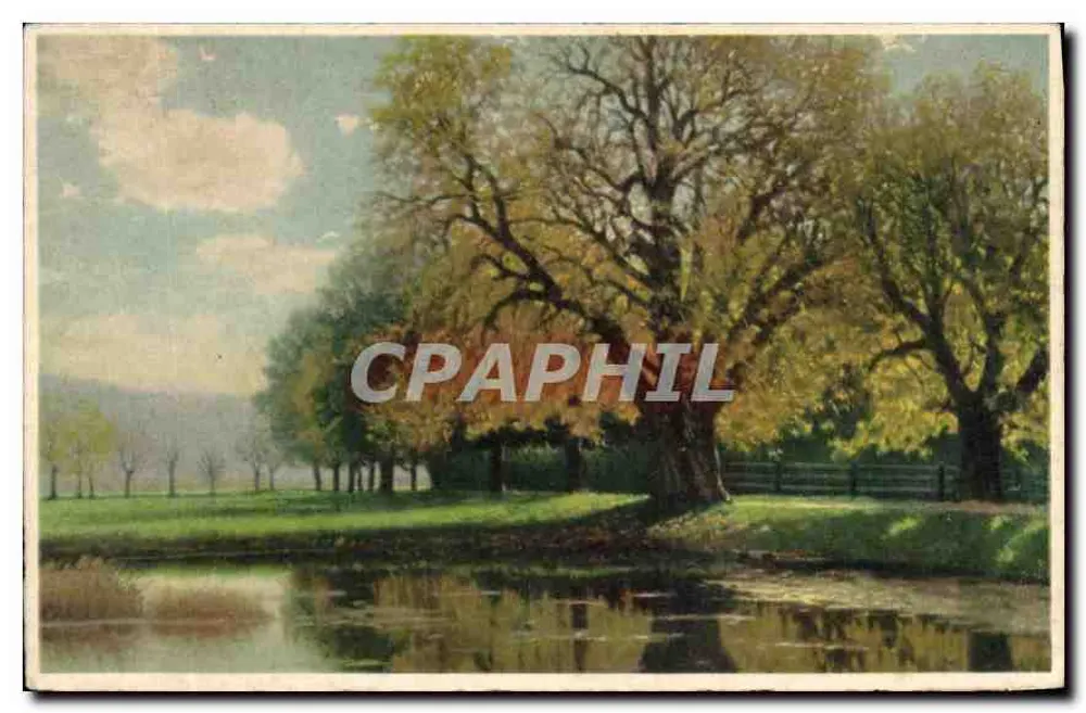 Paisagem de outono — floresta de árvores com folhas douradas bordando um lago — editor desconhecido, n° de série 1062 - Frente