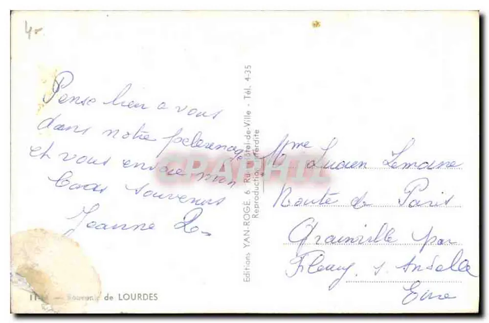 Retrato Autêntico de Bernadette Soubirous — F. Gagenac, fotógrafo — Éditions YAN-ROGÉ, Lourdes - Verso