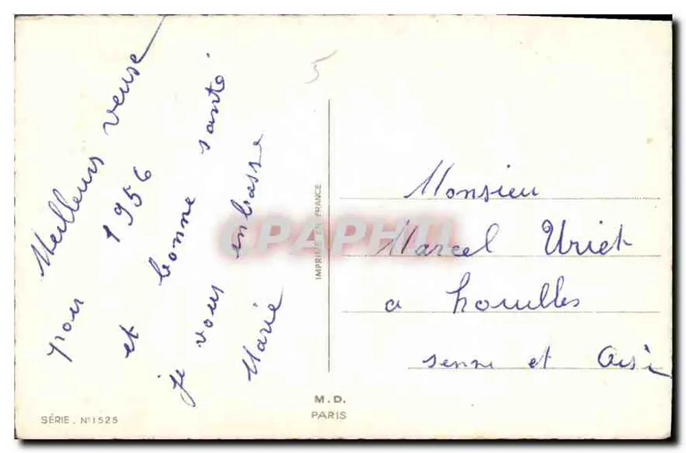 बर्फ से ढका गांव — घर और चर्च — सीरीज़ नंबर 1525, एम.डी. पेरिस - पीछे