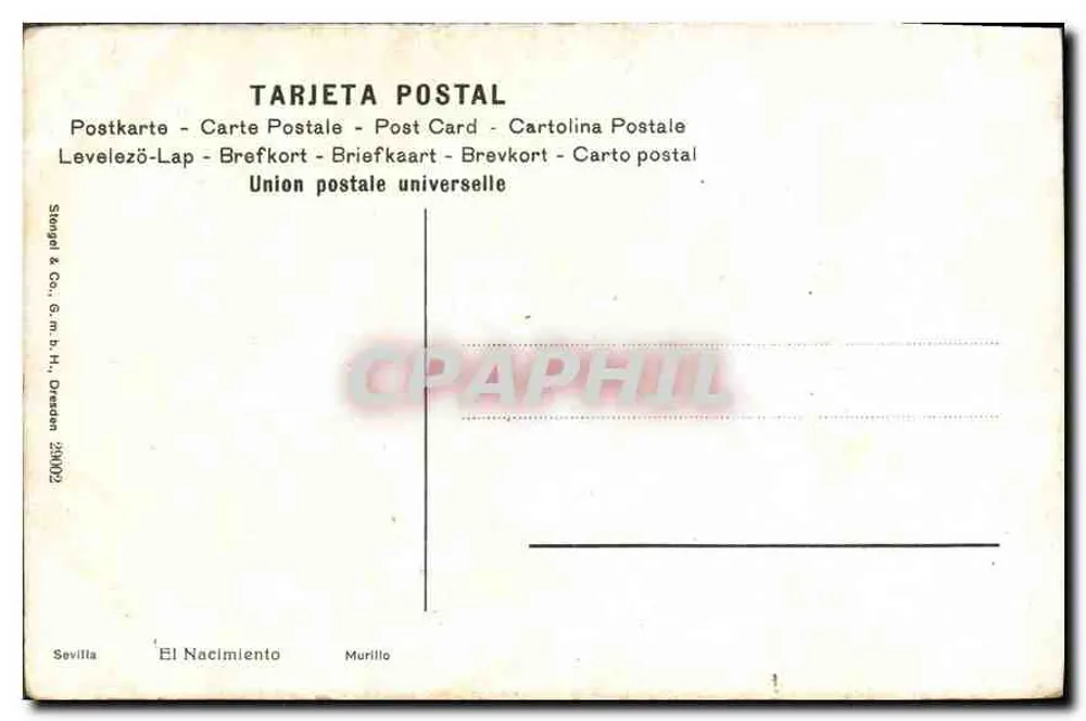 Natividade — pintura de Murillo — Stengel & Co., G.m.b.H., Dresde - Verso