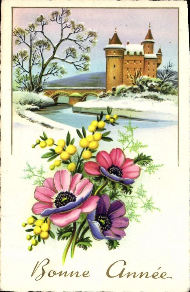 Castelo nevado — paisagem invernal com flores — editor desconhecido - Frente
