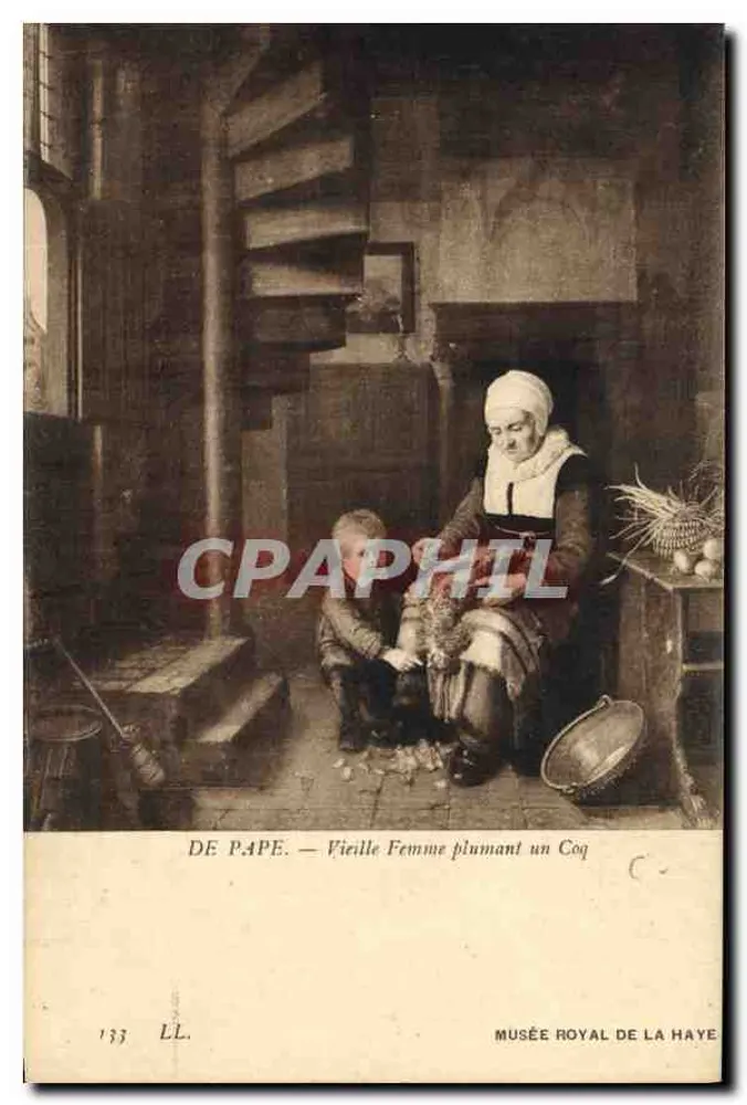 Alte Frau, die ein Huhn plückt — Werk von De Pape — Königliches Museum von Den Haag, Serie LL n°133 - Vorderseite