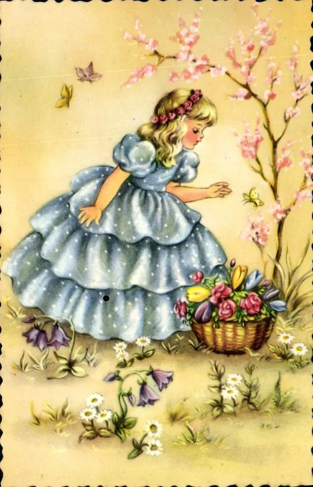 Menina em vestido azul sob cerejeiras — Impresso na França — n°66 - Frente
