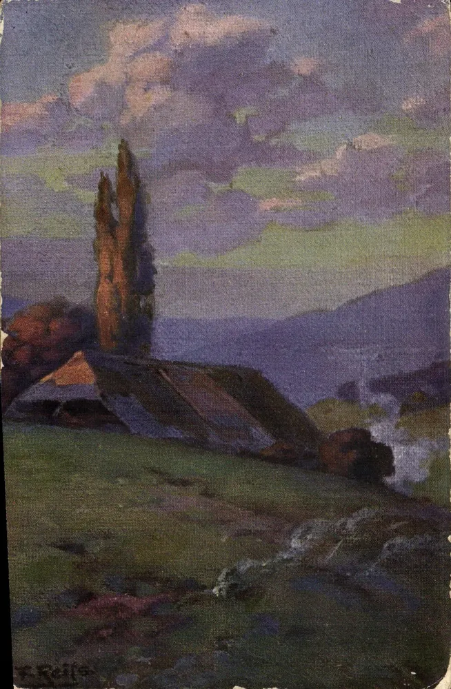 Paisagem de montanha — ciprestes e chalé — E. Reille - Frente