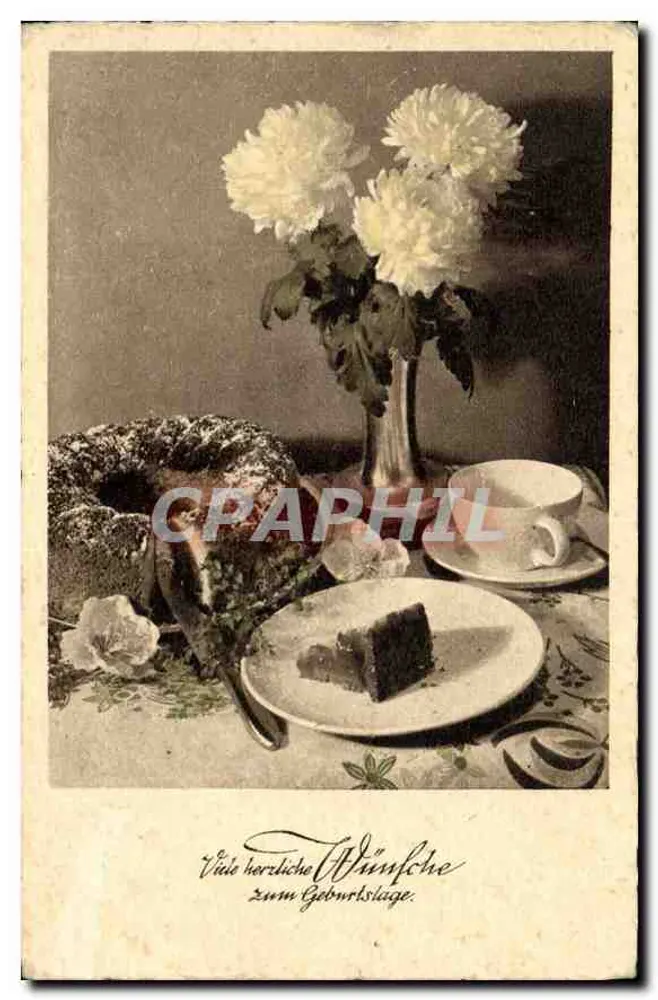 Flores e bolo — Carta de aniversário — Echt Kupferstichdruck - Frente