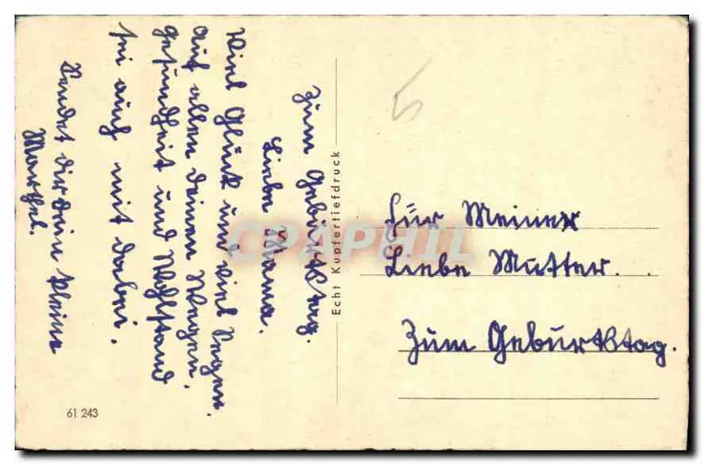 Flores e bolo — Carta de aniversário — Echt Kupferstichdruck - Verso