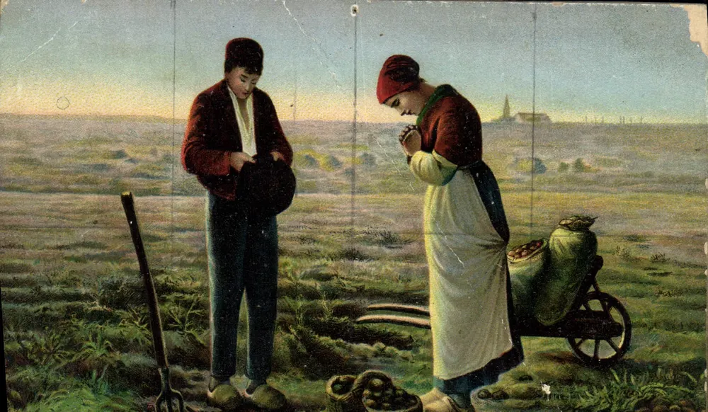 Jeune homme et femme au champ — scène de la vie rurale — éditeur Stiengel & Cie, Paris - Frente
