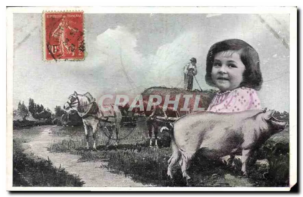 Kleine Mädchen mit Schwein — Landschaftsszene — Verlag nicht sichtbar - Vorderseite