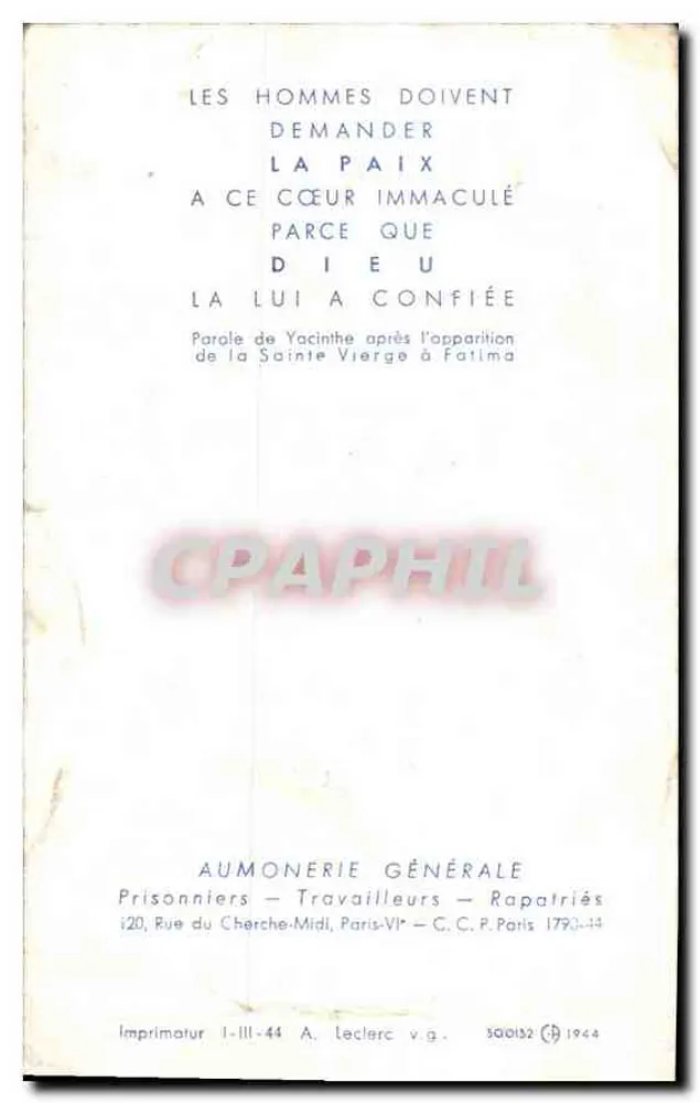 Nossa Senhora da França — aparição de Fátima — Impressora A. Leclerc v.g. - Verso