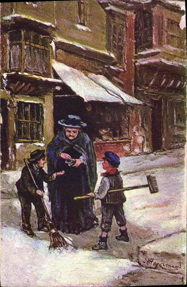 Mulher e dois filhos em uma rua nevada — ilustração de J. Alleycunnans — editor E. Slaven, 10, rue de Seine, Paris - Frente