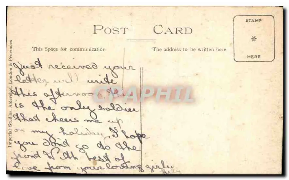 Bambino in uniforme militare — studio fotografico — Imperial Studios, Aldershot, London & Provinces - Verso