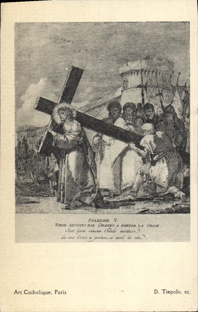 Jesus ajudado por um fiel a carregar a cruz — Stação V — Art Catholique, Paris - Frente