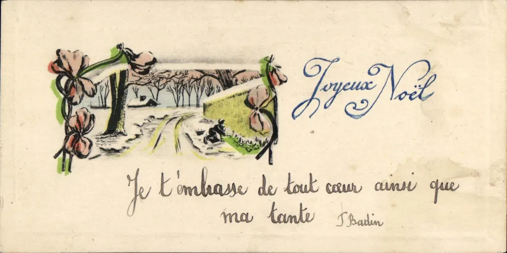 Natal — cena invernal — carta postal manuscrita - Frente