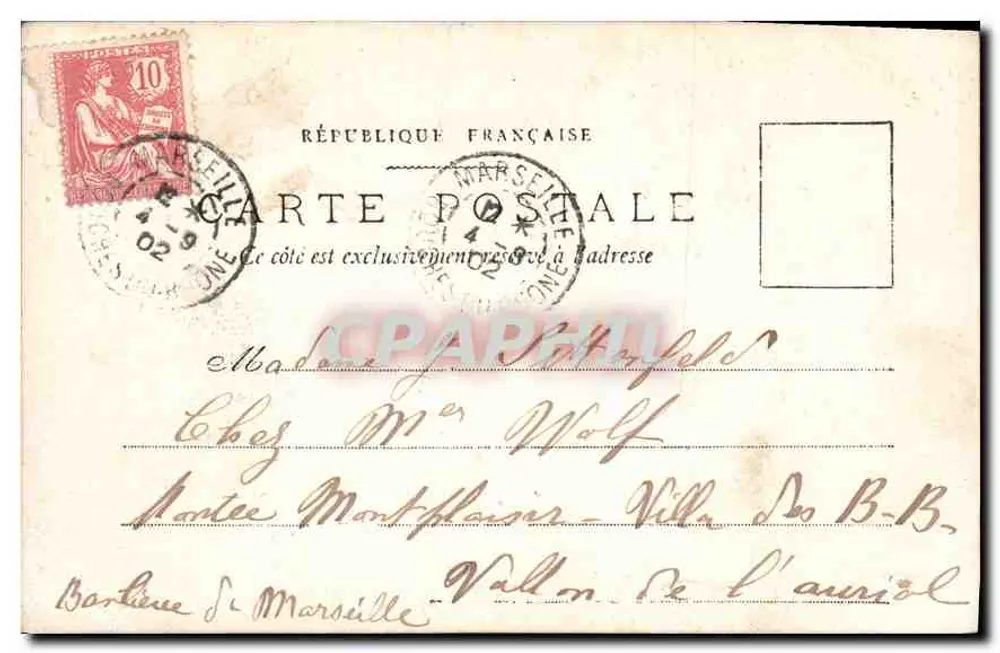Menina lendo em um jardim — carta postal datada de 4/9/1904 — editada pela Sociedade das Cartas Postais de Marselha - Verso