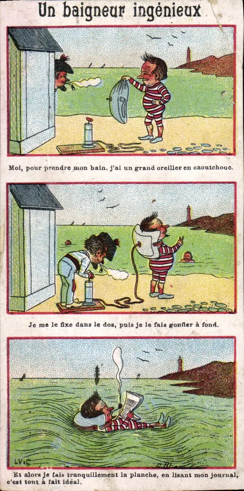Um banhista criativo — caricatura humorística — editor LV+C - Frente