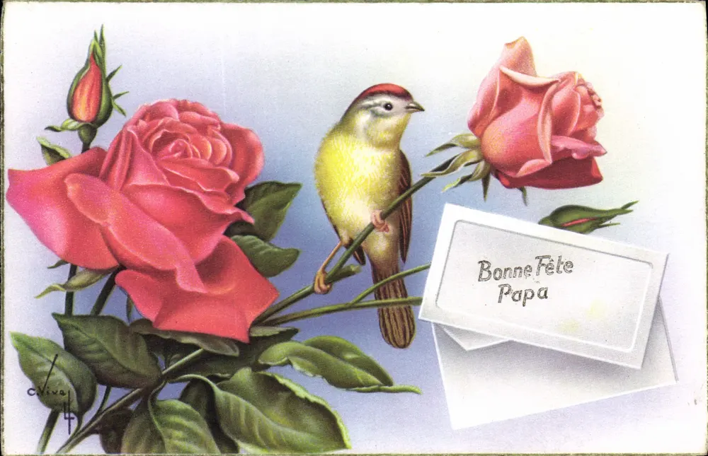 Roses e uccello — Carta di festa per papà — C. Viva, n°4 - Recto