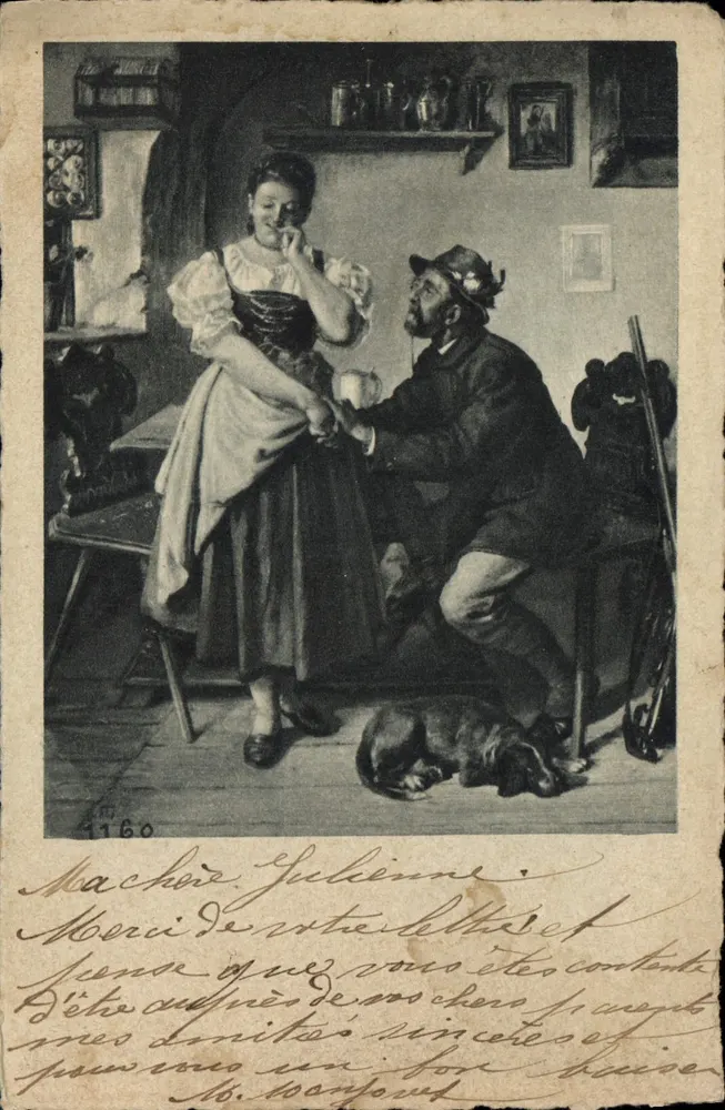 Cena de vida — Um homem se ajoelha diante de uma mulher em uma sala — editor Machore, n° 1160 - Frente