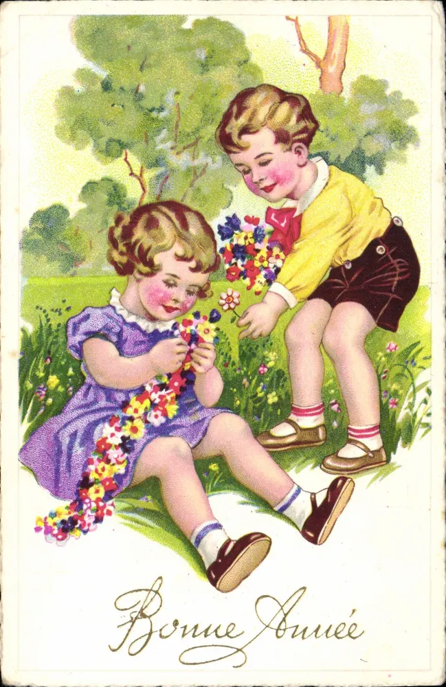Kinderen die met bloemen spelen — Gelukkig Nieuwjaar — Antieke ansichtkaart - Voorkant