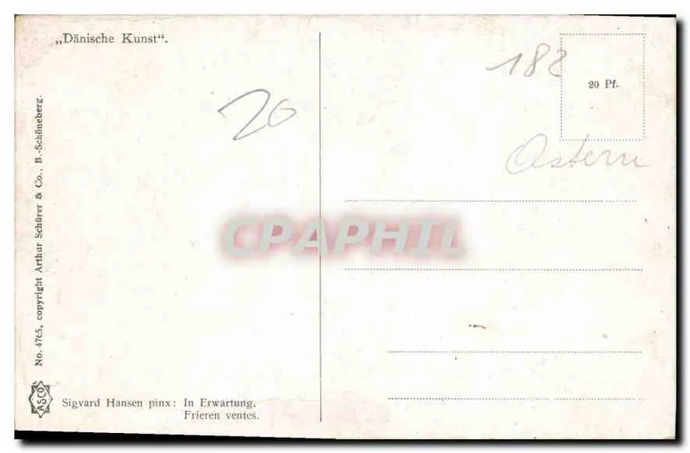 दो महिलाएं एक रसोई में — सिगवर्ड हैंसेन की चित्रकारी — प्रकाशक B. Schürer & Co., संख्या 4165 - पीछे