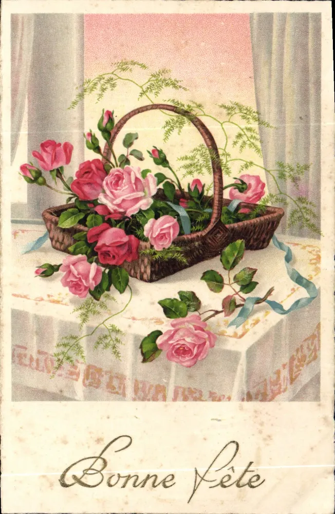 Bouquet van rozen in een mandje — Gelukkige verjaardag — uitgever niet zichtbaar - Voorkant