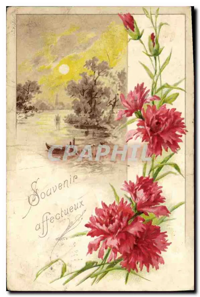 Carnations — paysage fluvial au coucher de soleil — éditeur anonyme, série 535 - Frente