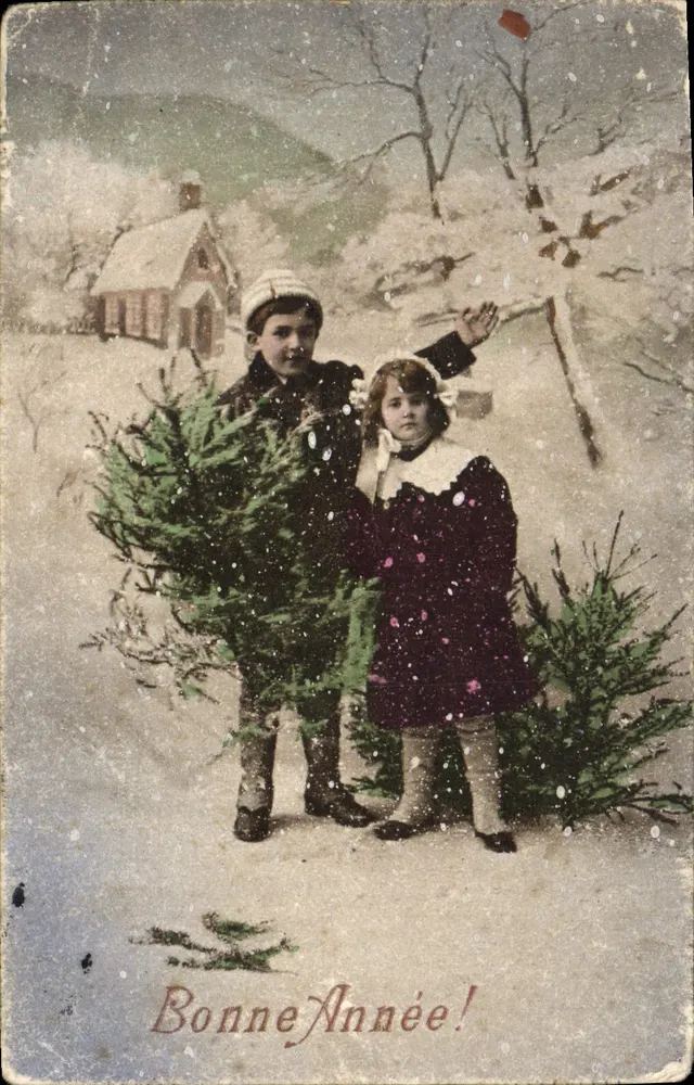 Kinderen met kerstbomen — winterlandschap — Lapogravure n°1850/1 - Voorkant