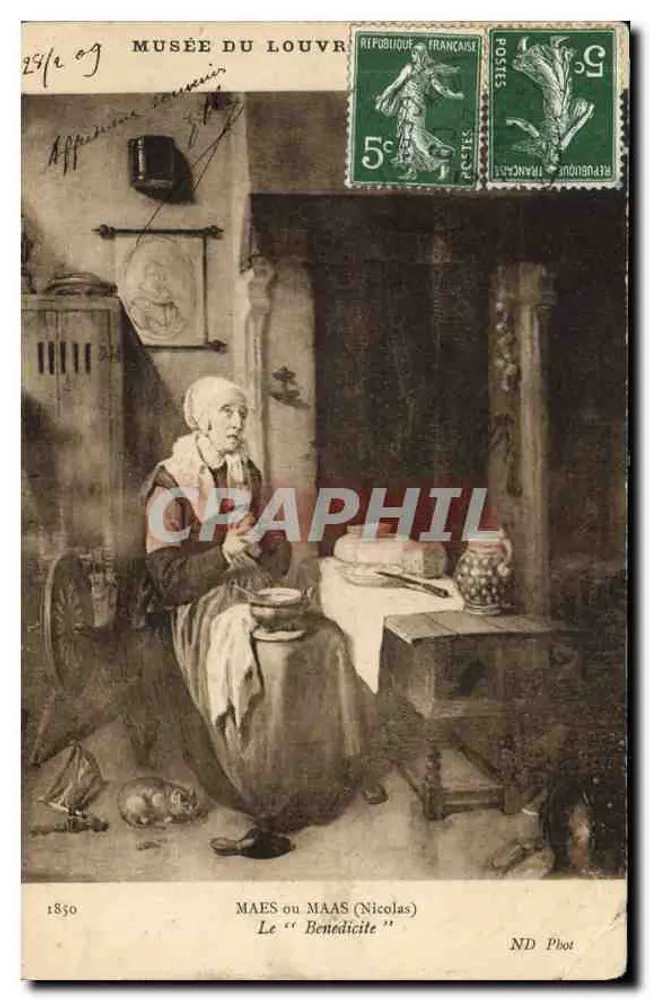 Interior de casa — mulher à mesa — Museu do Louvre — MAES ou MAAS (Nicolas) O "Benedicite" — ND Phot - Frente