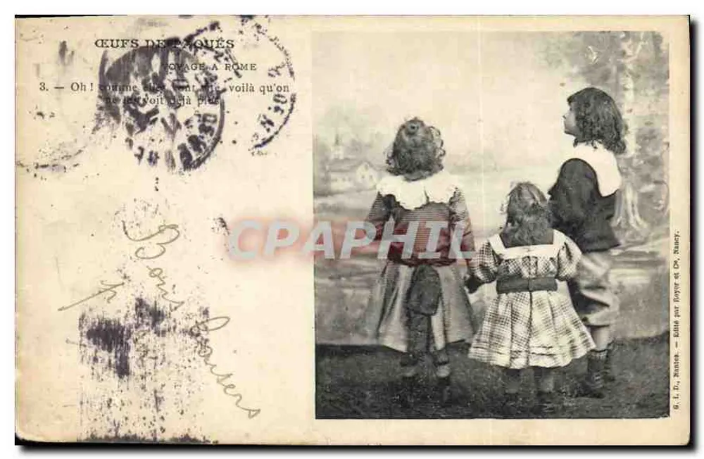 Dois meninos e um menino olhando para um paisagem — Viagem a Roma — Editada por Royer et Cie, Nancy - Frente