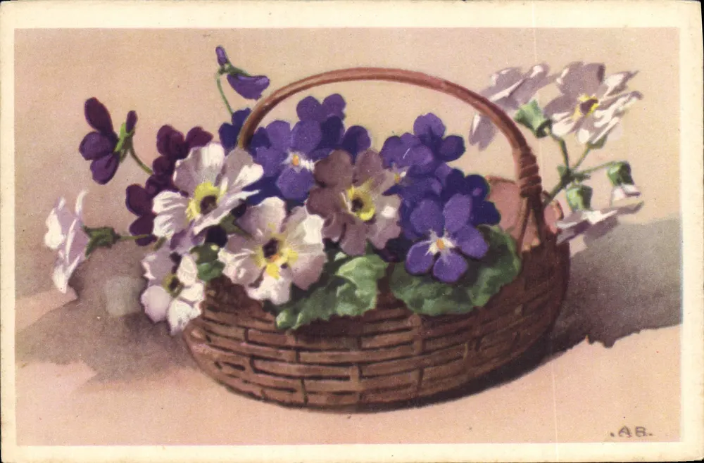 Arranjo de violetas e primaveras em um cesto — desenho assinado por A.B. — Editor Erol, n° 124 - Frente