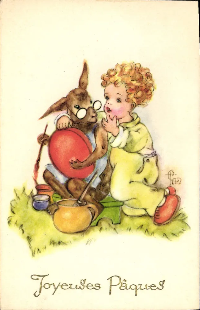 Coelho de Páscoa e criança — pintura de ovos — editor P. Pard - Frente