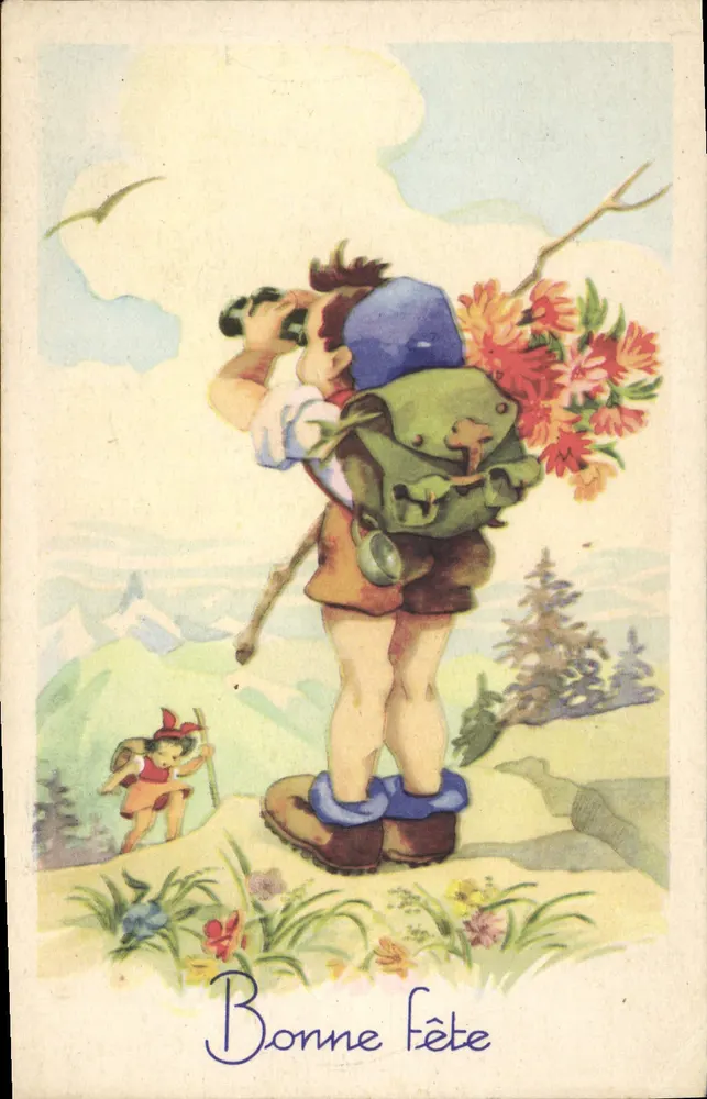 Kind mit Rucksack und Blumen — Berge im Hintergrund — Nr. 1903/10 - Vorderseite