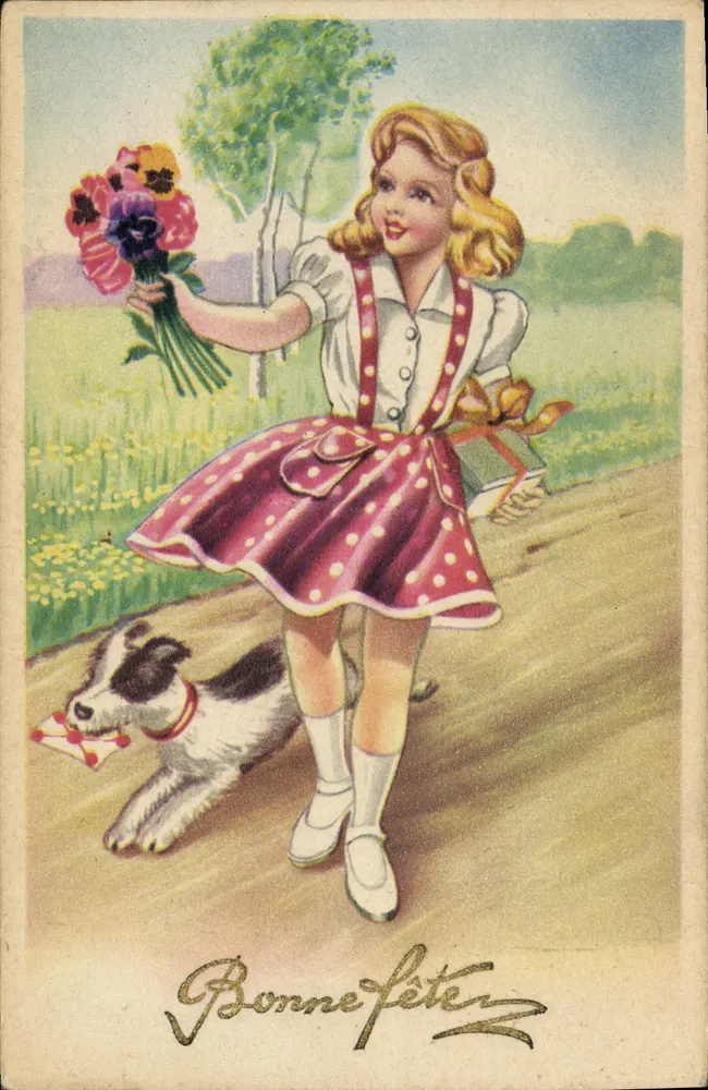 Fille avec bouquet de fleurs et chien — Bonne fête — Éditeur C.P.A.P.H.I.L. n° 104 - Recto