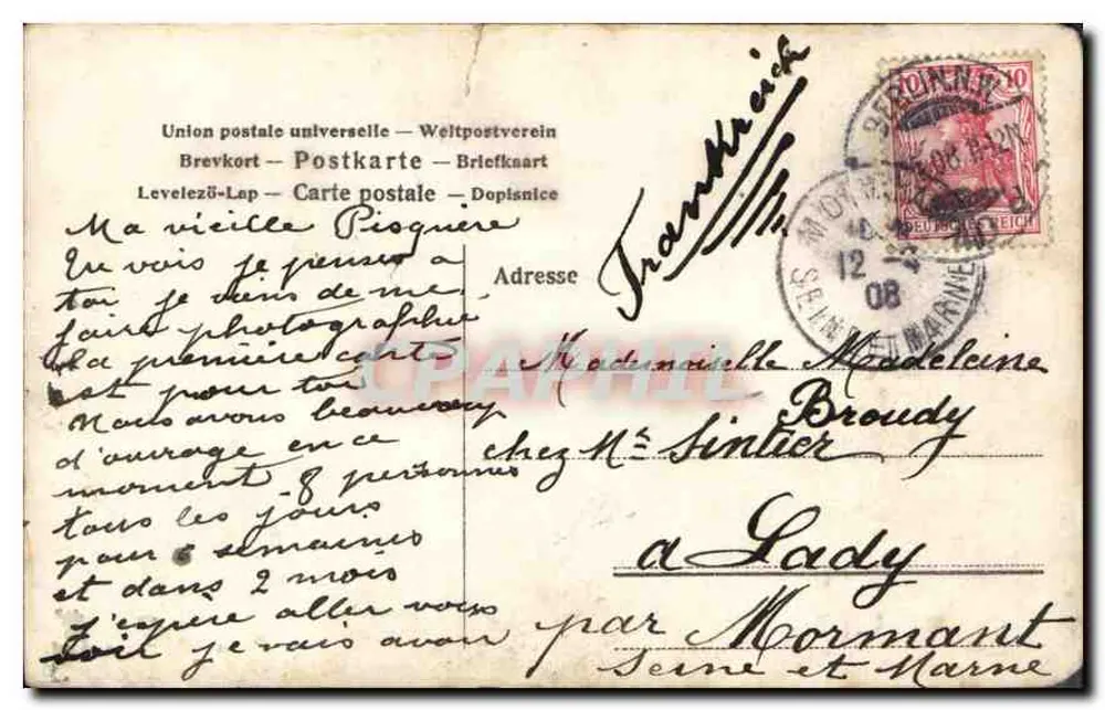 Homem em traje e chapéu melon — em frente a um prédio em Paris — editor Union postale universelle - Verso