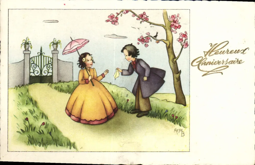 Geburtstagsfeier — Kind und Erwachsener unter einem Kirschbaum — M.D. Paris, Serie Nr. 4925 - Vorderseite