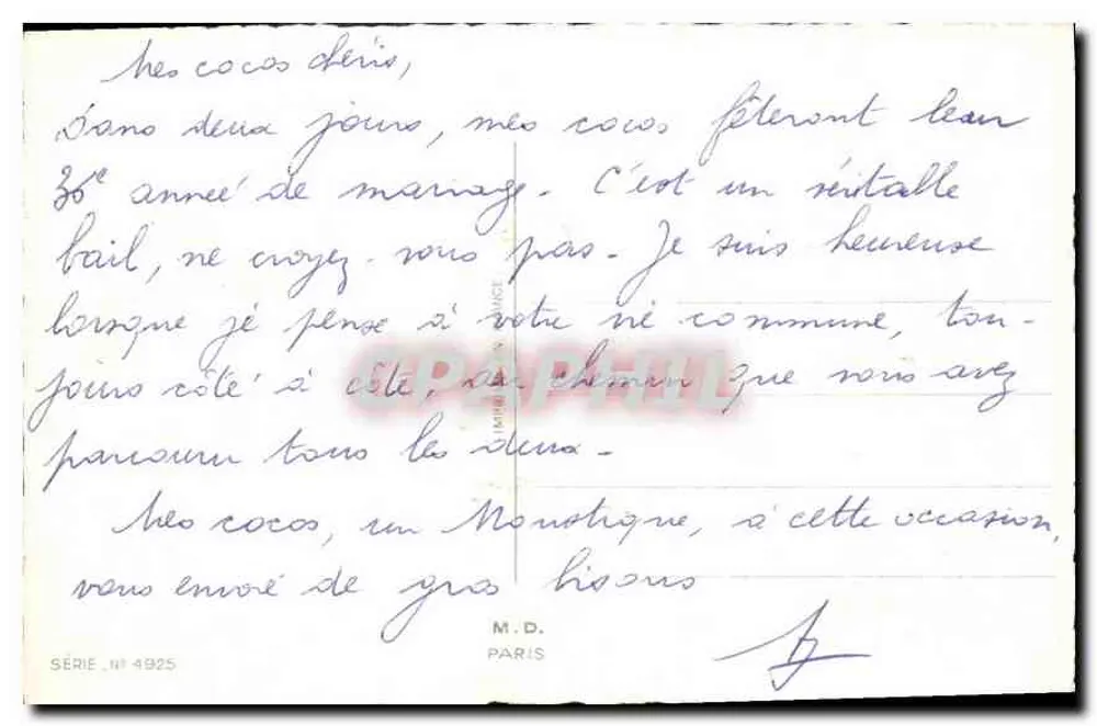 Geburtstagsfeier — Kind und Erwachsener unter einem Kirschbaum — M.D. Paris, Serie Nr. 4925 - Rückseite