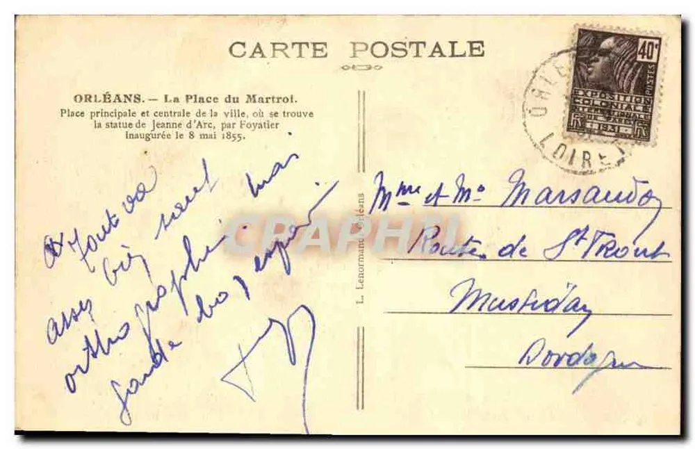 Orléans — Place du Martrot — estátua de Jeanne d'Arc por Foyatier — editada por L. Lenormand - Verso