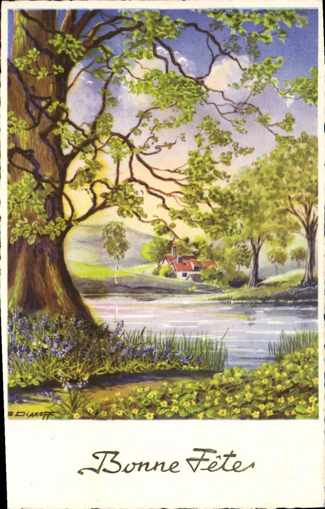 एक झील के किनारे पर घर के साथ दृश्य - बी. डियाकॉफ - श्रृंखला संख्या 3575, एम.डी. पेरिस - आगे