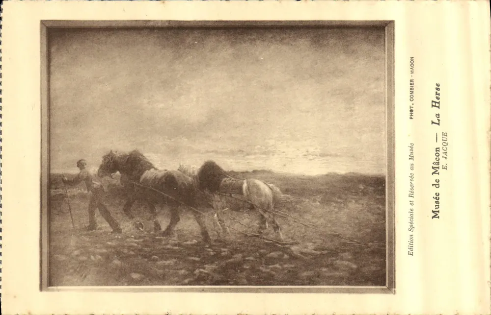 Dois cavalos puxando uma enxada — Edição Especial Reservada ao Museu — E. Jacque, La Herse - Frente