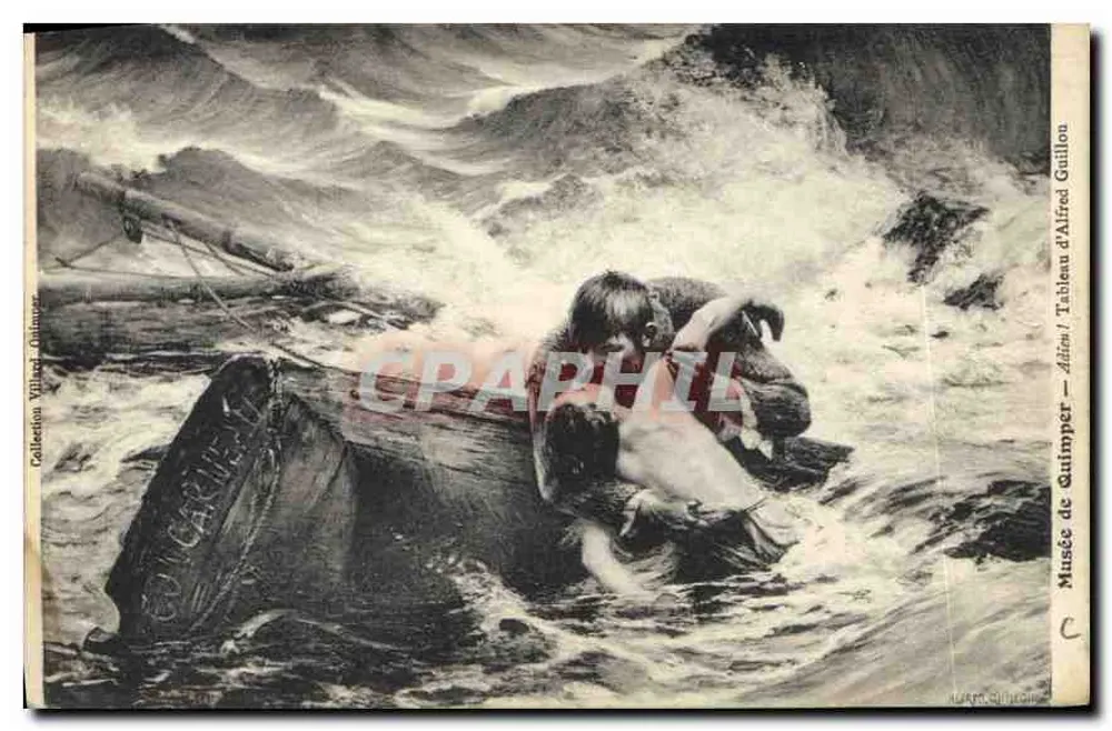Um barco em dificuldade em uma tempestade — Quadro de Alfred Guillou — Museu de Quimper - Frente