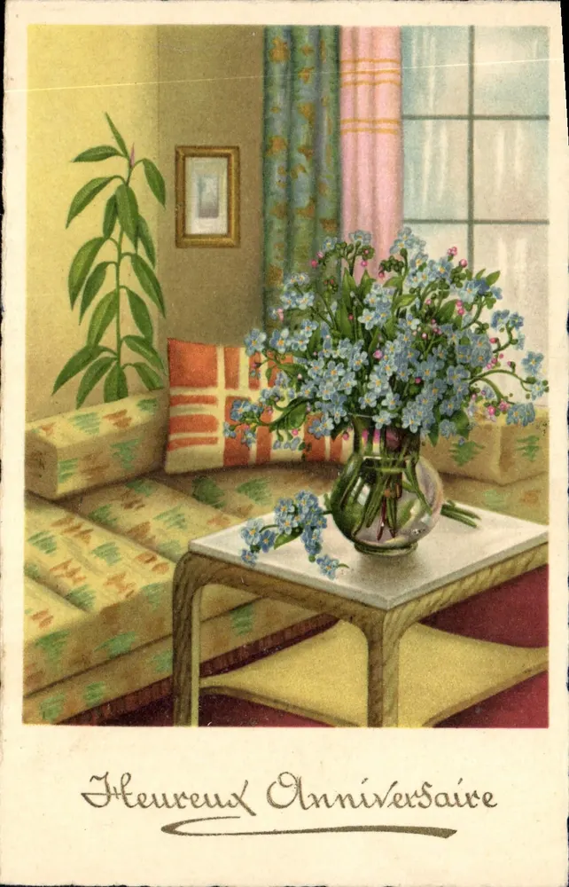Interior decorado — buquê de flores — texto 'Feliz Aniversário' — editor não visível - Frente