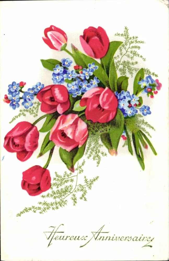 Buquê de tulipas e flores azuis — Parabéns de aniversário — Flores GIL - Frente
