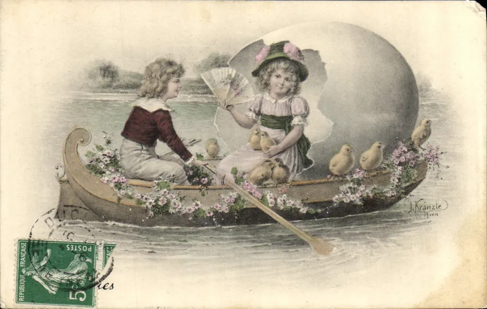 Zwei Kinder in einem Boot mit Küken und Blumen — J. Kränzle, Hien - Vorderseite